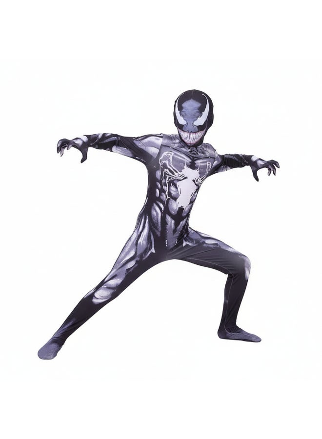 SPIDERMAN Venom Eddie Brock Symbiote Suit Cosplay Costume Full Bodysuit, Marvel Comics Villain Outfit with Black and White Design for Fans and Costume Parties 9to11 years 140cm - Image 3